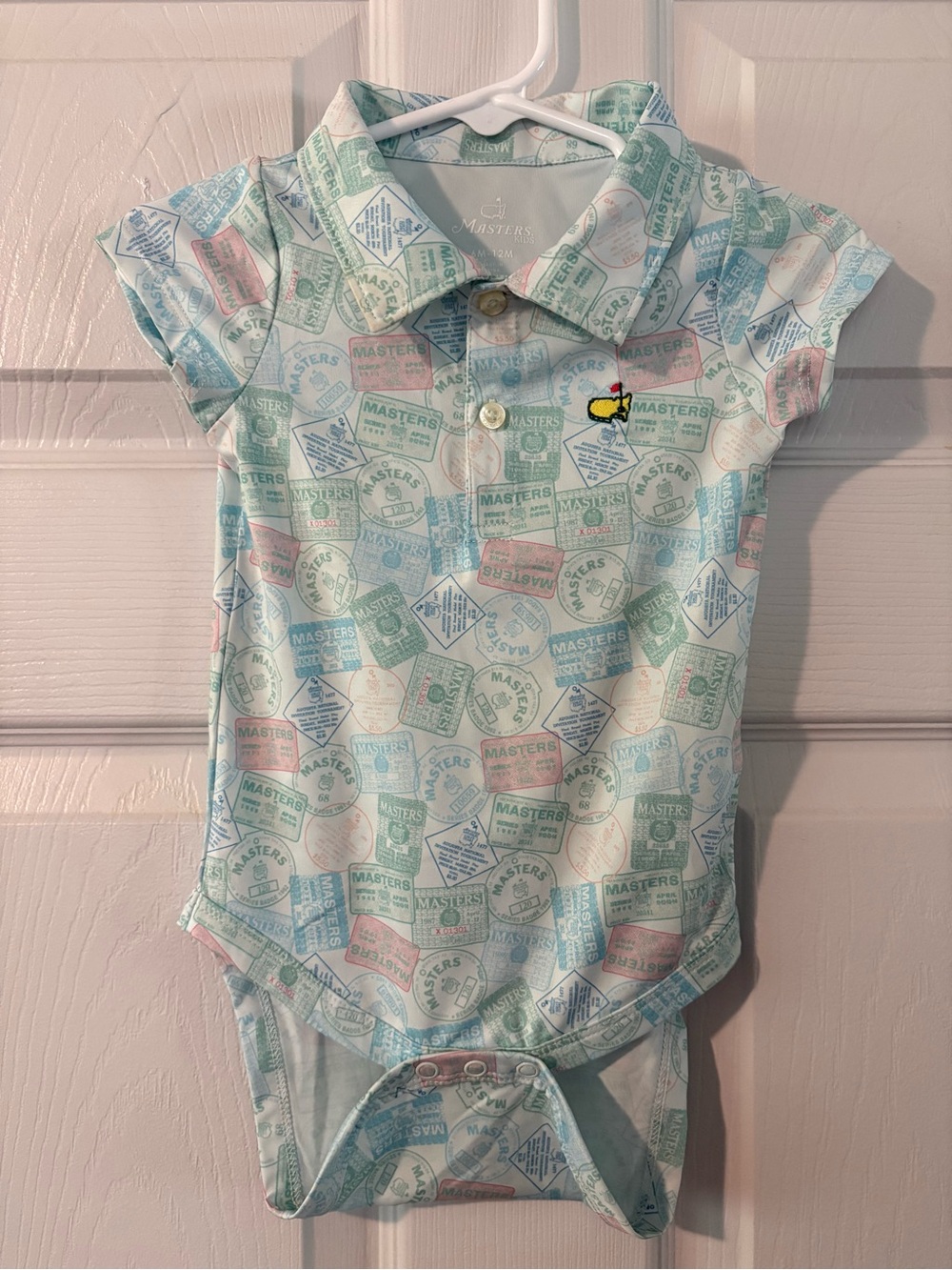 2023 Masters Vintage Ticket Print Polo Bodysuit for Kids Light Blue/Green 6/12M